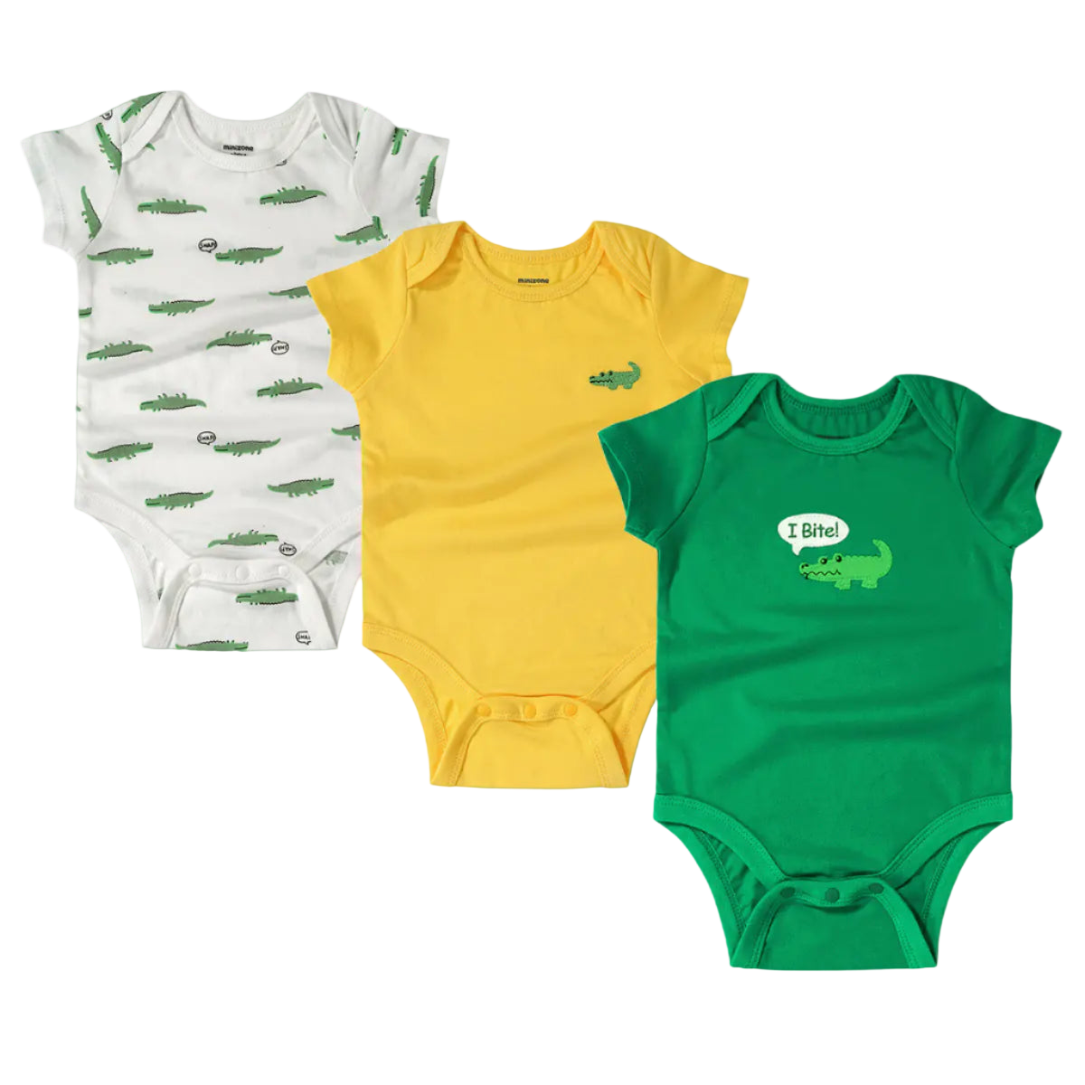 Three baby bodysuits in white, yellow, and green with alligator prints on a white background