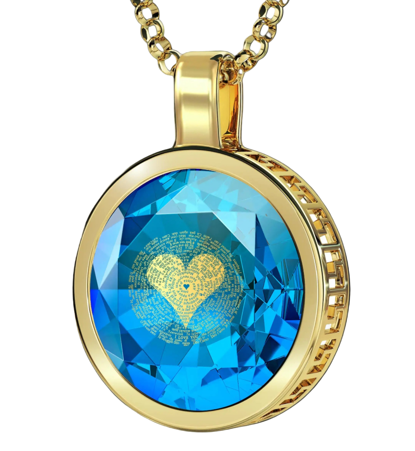 Gold necklace with a blue gemstone pendant featuring a heart design on a white background