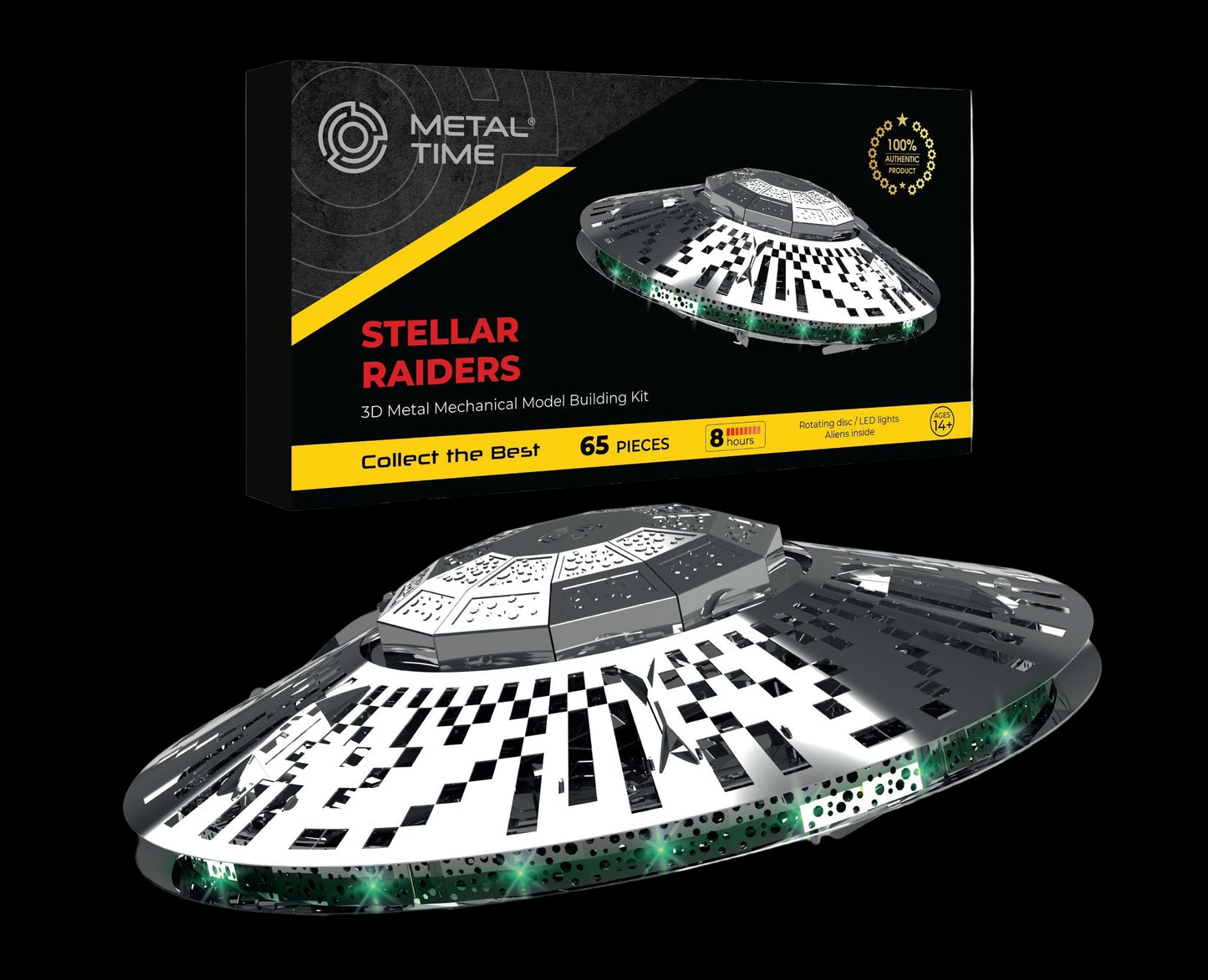 Metal model building kit with 'Stellar Raiders' design on a white background