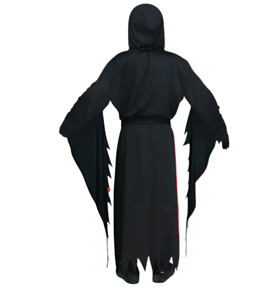 Black hooded robe with long sleeves on a white background