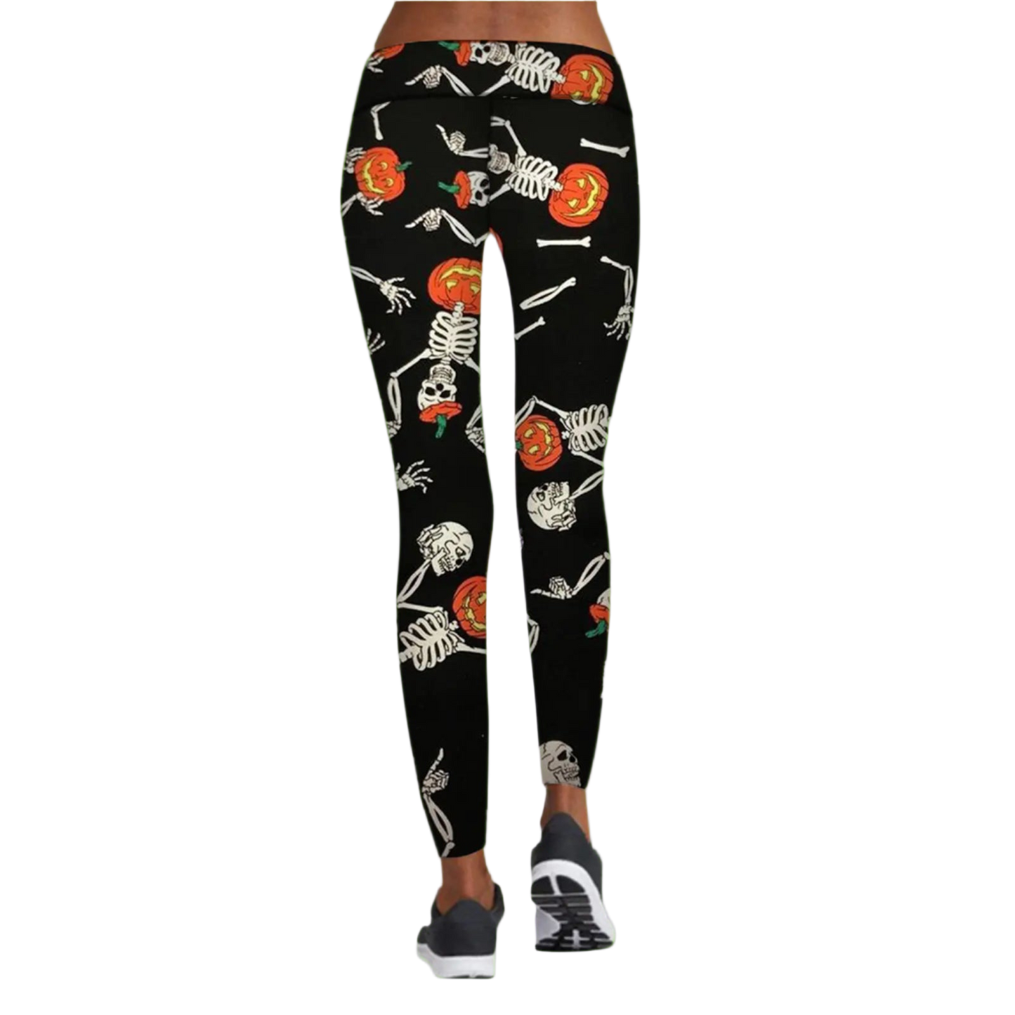 Black leggings with Halloween-themed design featuring skeletons and pumpkins on a white background.