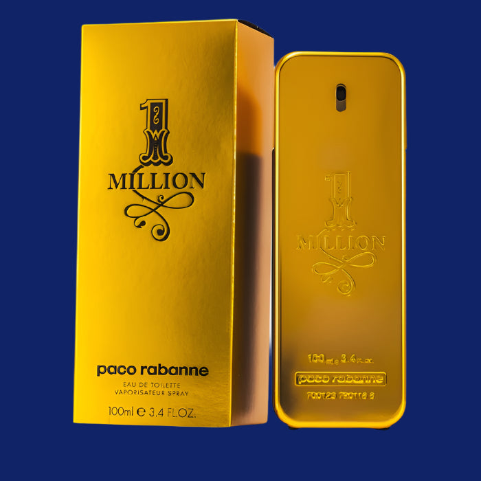 Gold perfume bottle and packaging of Paco Rabanne 1 Million on a white background