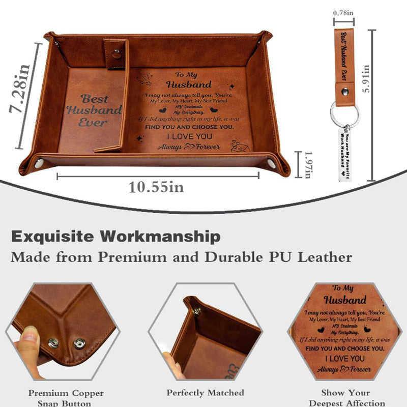 Brown leather tray with engraved message, dimensions, and material details on a white background