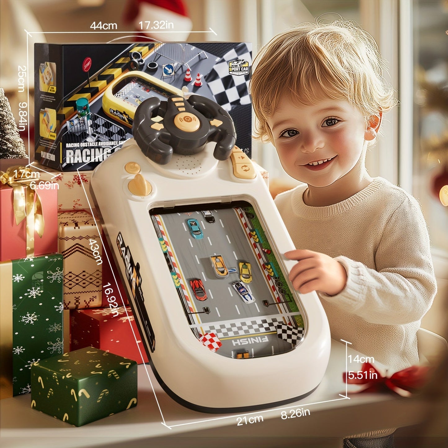 Child playing with a toy race car set in a festive setting with presents.