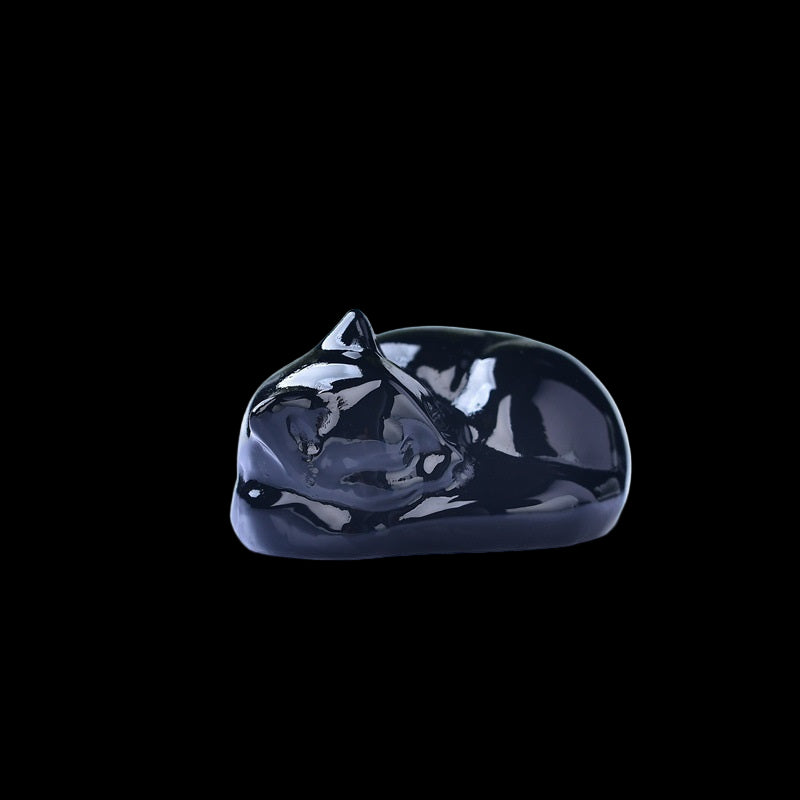 Black cat-shaped object on a white surface with a blurred green background