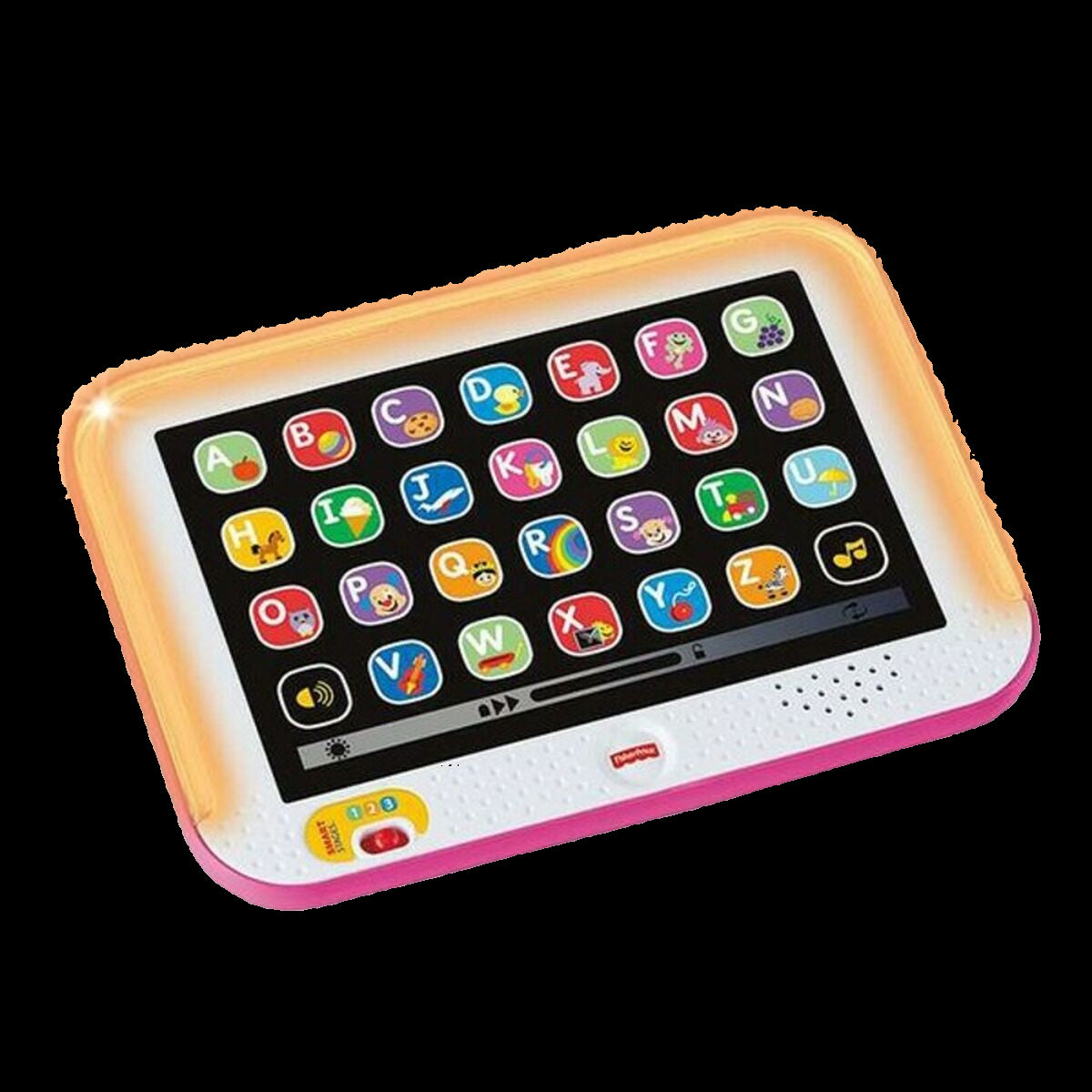 Children's educational tablet with colorful letters and icons on a white background