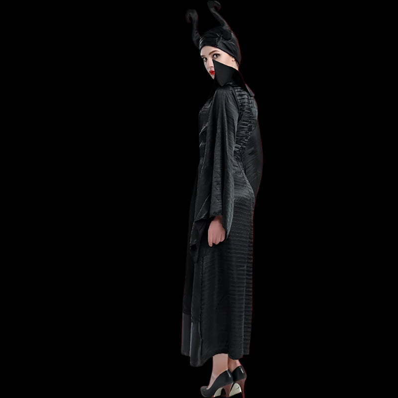 Person wearing a black costume with horns on a white background
