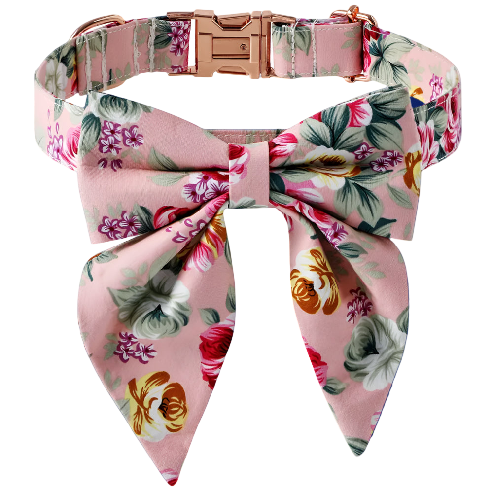 Floral patterned dog collar with a large bow on a white background