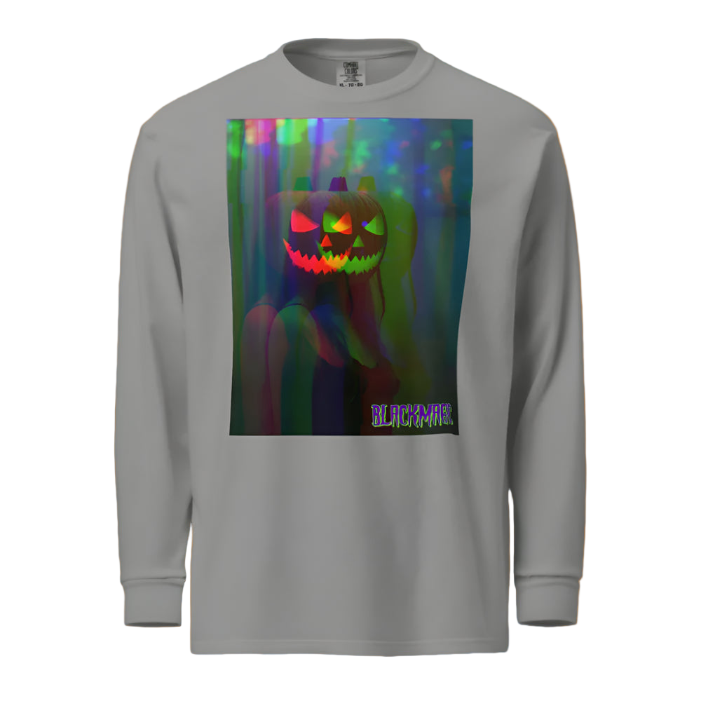 Gray long-sleeve shirt with a colorful graphic of a jack-o'-lantern on a white background