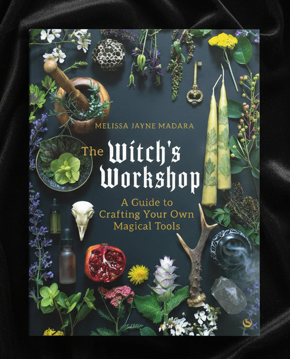 Book cover of 'The Witch's Workshop' with various magical tools and plants on a dark background.