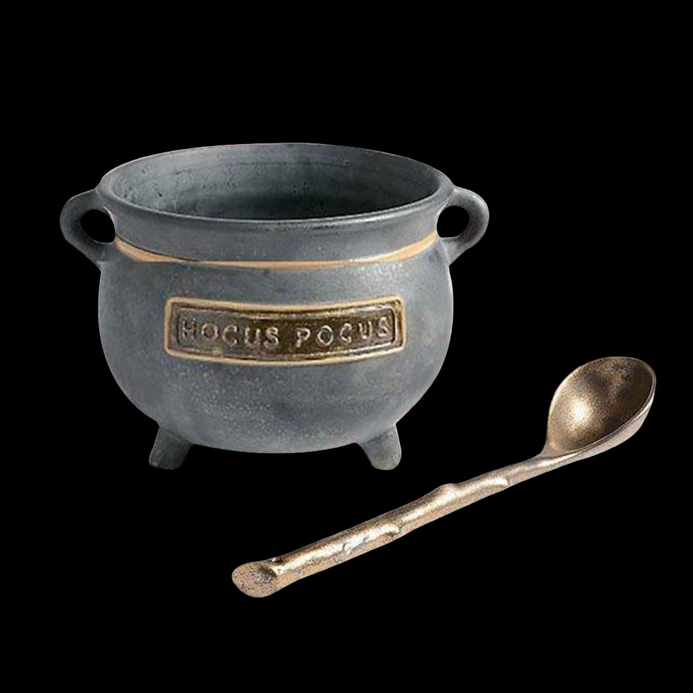 Decorative cauldron with 'HOCUS POCUS' plaque and a spoon on a white background