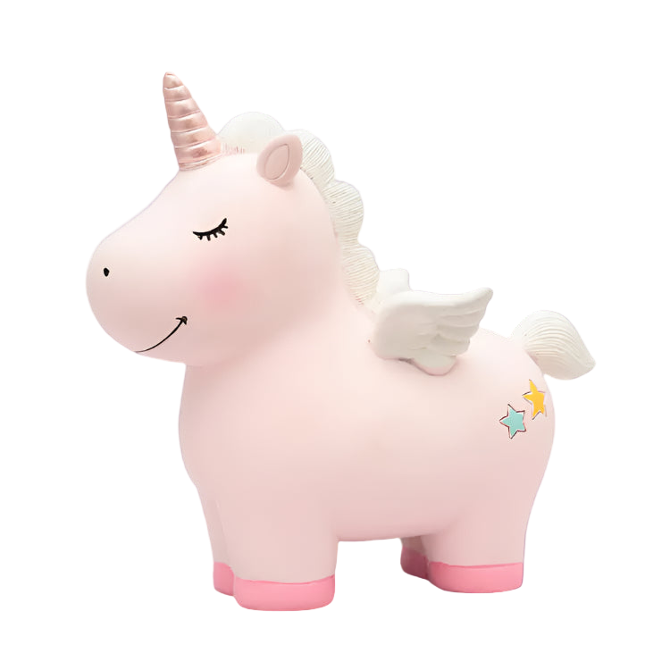 Pink unicorn plush toy with wings on a light gray background