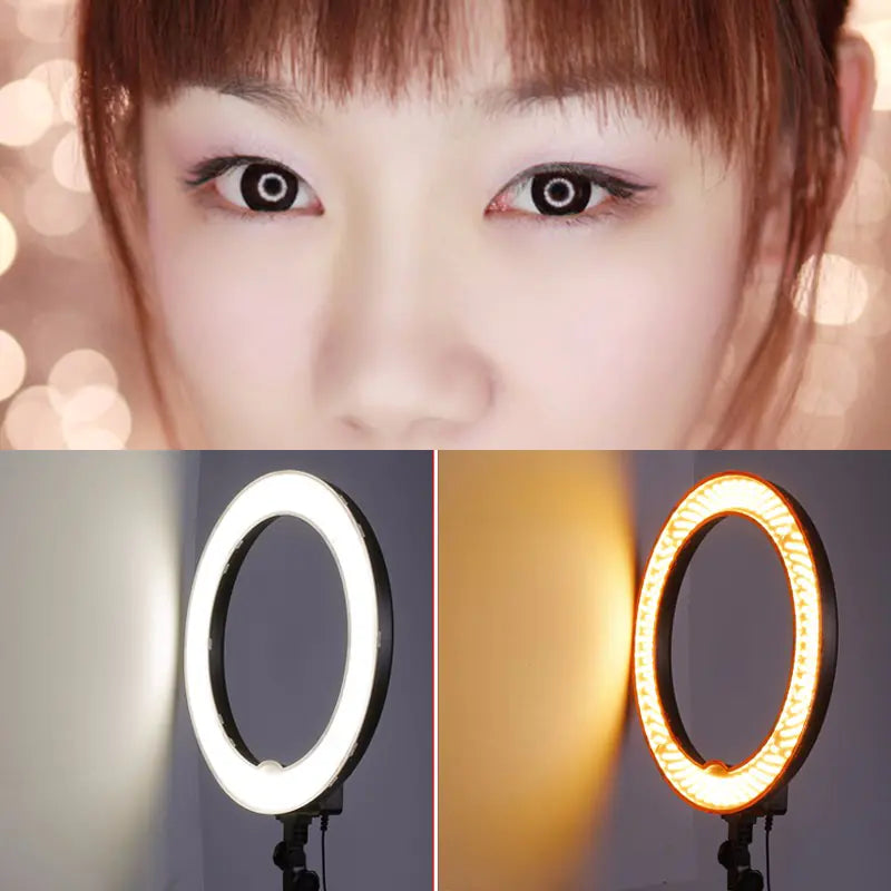 Close-up of a person's face with a blurred background, followed by two ring lights showing different color temperatures.
