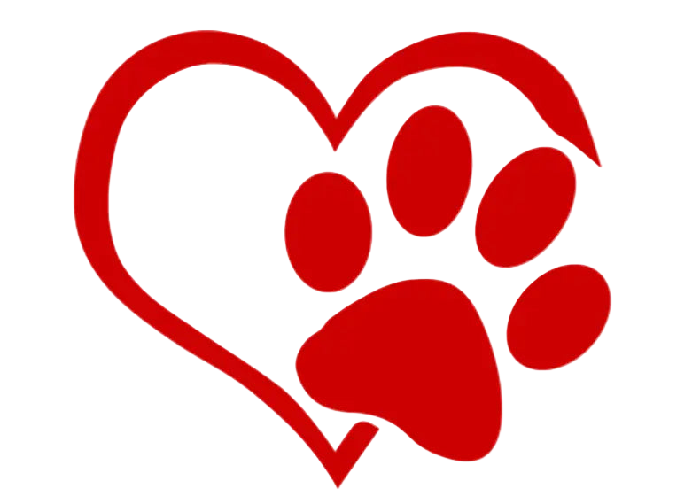 Red paw print inside a heart shape on a white background