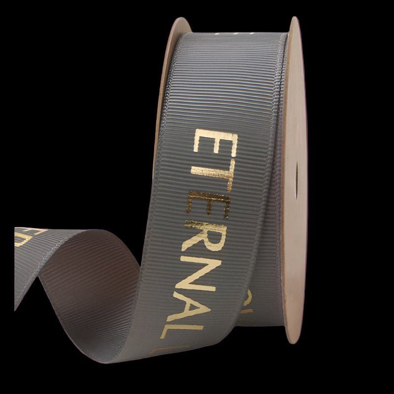 Gray ribbon with 'ETERNAL' printed in gold on a white background