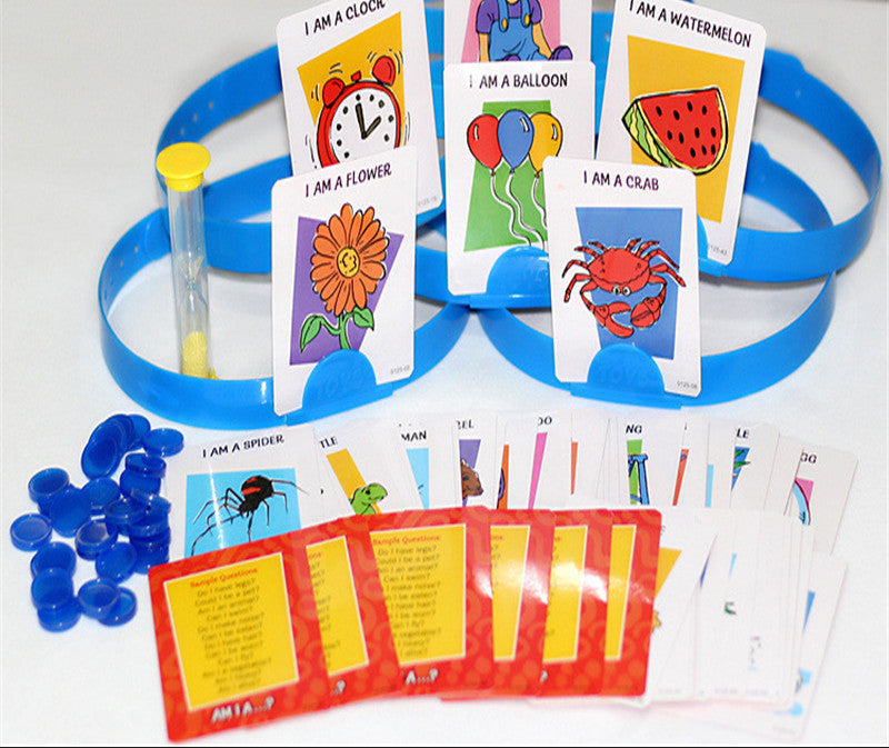 Children's educational game with cards and blue rings on a white surface