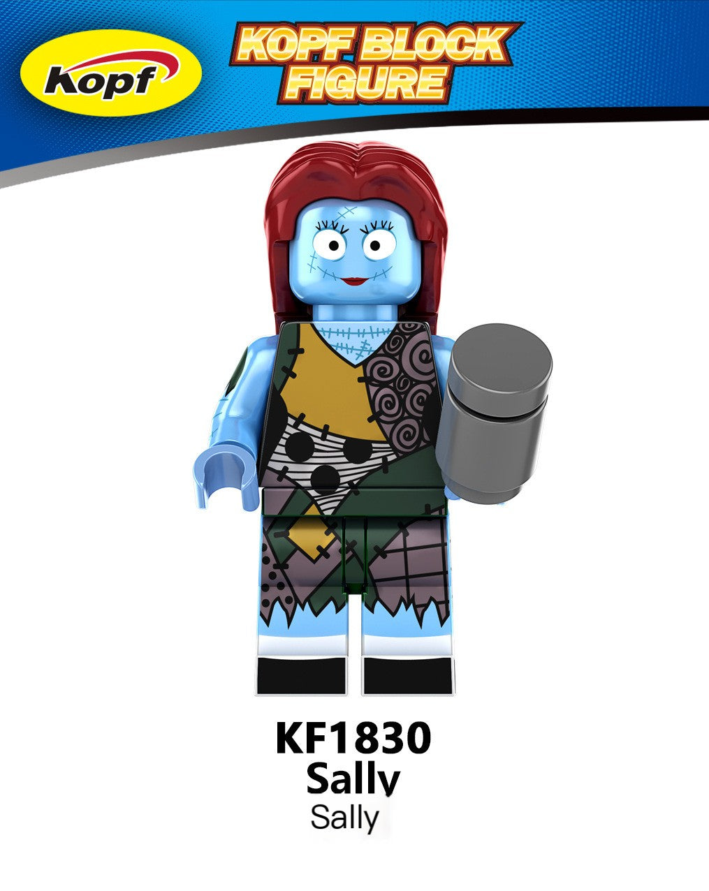 Kopf Block Figure Sally with red hair and blue skin, holding a gray object, on a white background.