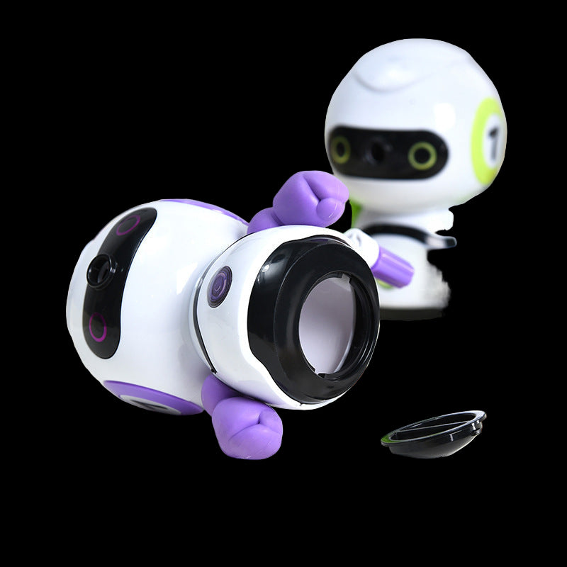 Toy robot dog with purple paws on a desk