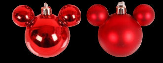 Red Christmas ornaments shaped like Mickey Mouse heads on a white background