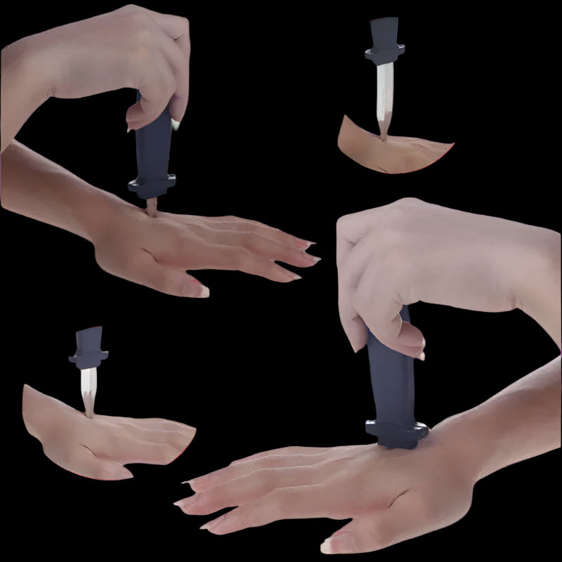 Hand holding a black tool with close-up insets showing its use on skin.
