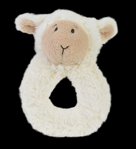 Plush lamb-shaped rattle on a white background