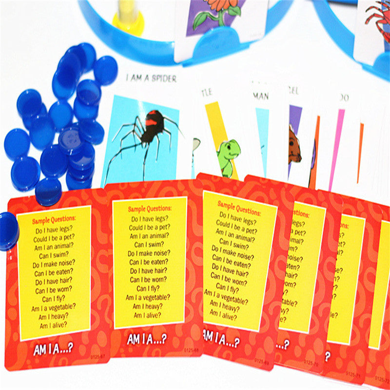 Educational card game with colorful cards and blue beads on a white background