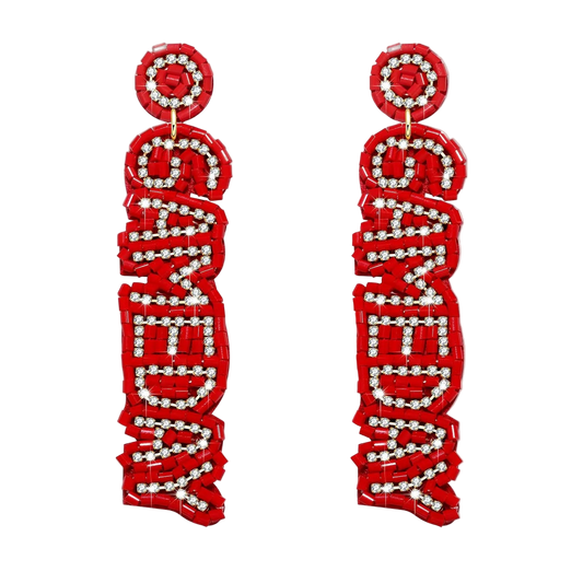 Red earrings with white text on a white background