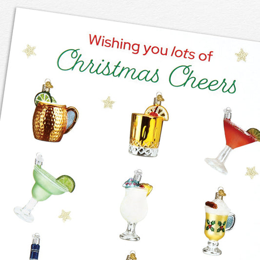 Christmas card with cocktail-themed decorations and 'Wishing you lots of Christmas Cheers' text.