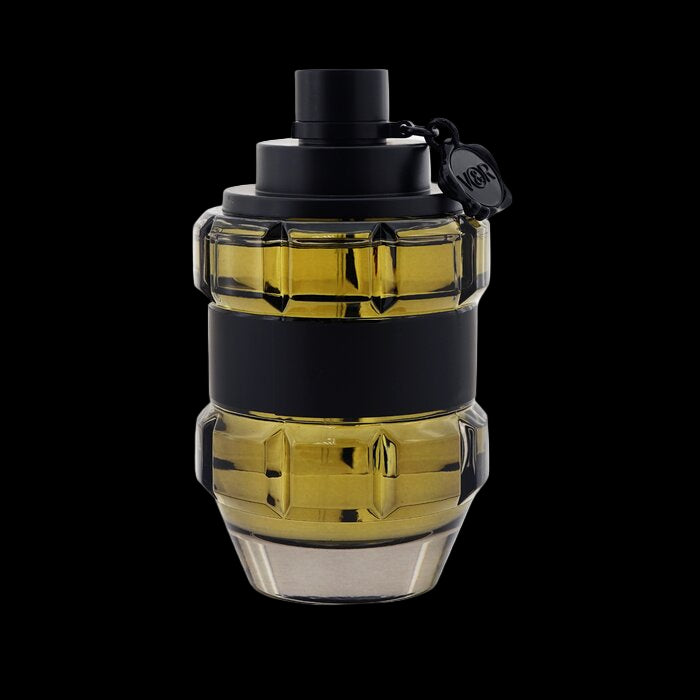 Perfume bottle with black and yellow design on a white background