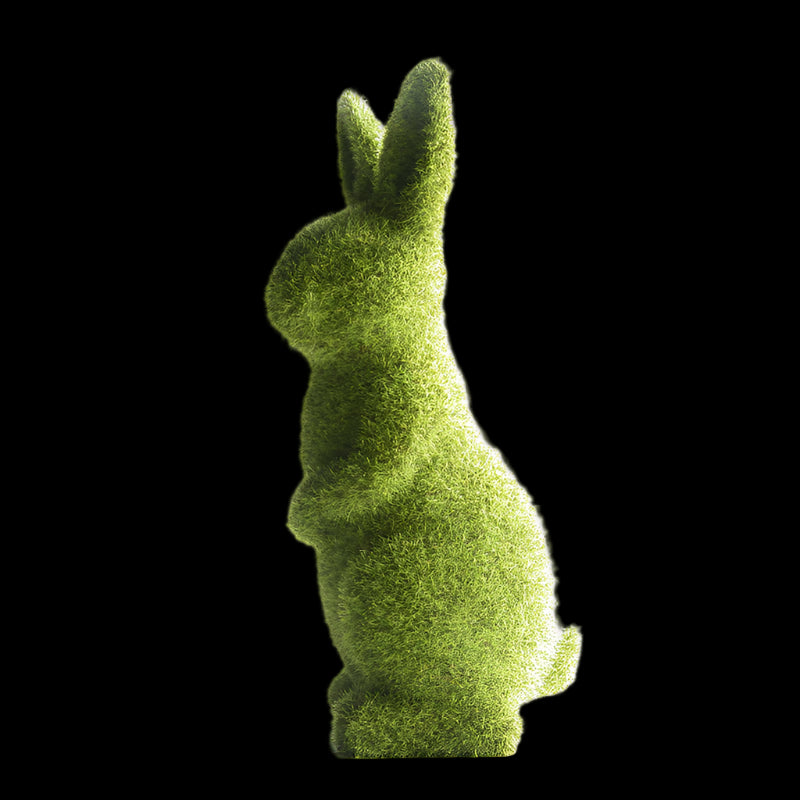 Green moss-covered rabbit sculpture on a white background