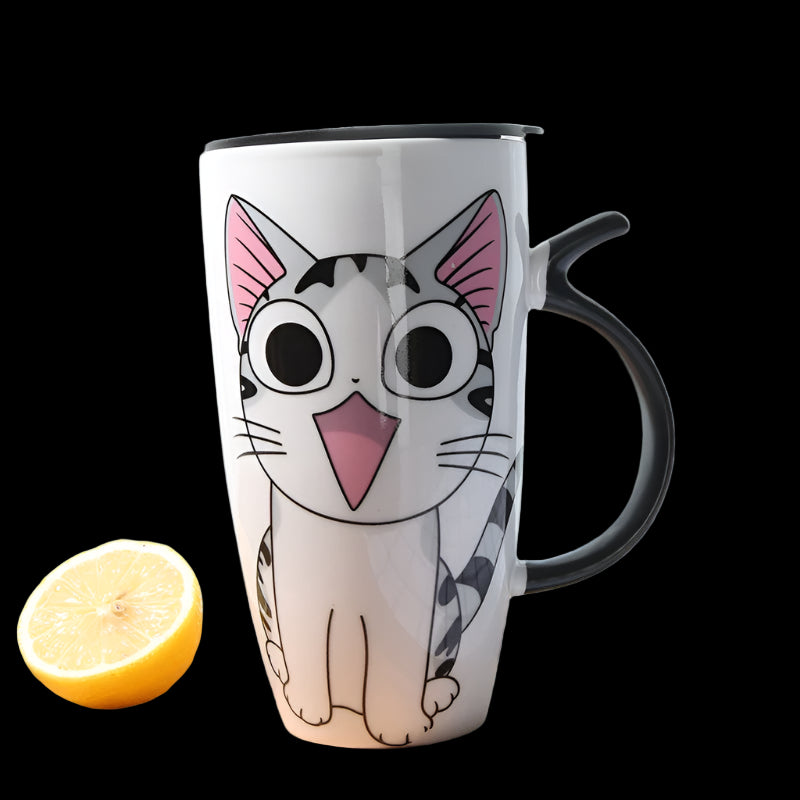 Cat-shaped mug with a lemon on a wooden surface