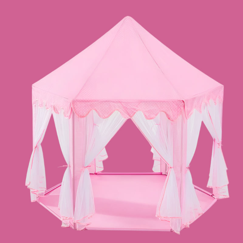 Pink children's play tent with white curtains on a white background