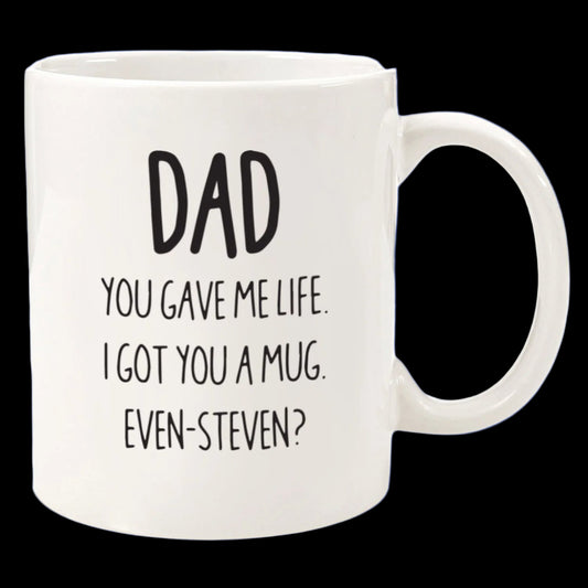 White mug with humorous text on a white background