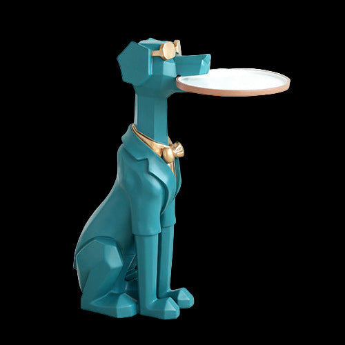 Teal dog-shaped side table with a round mirror on a light wooden floor.