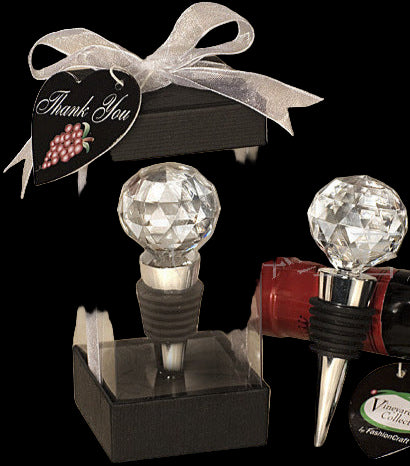Crystal wine bottle stoppers with decorative packaging and 'Thank You' tag.