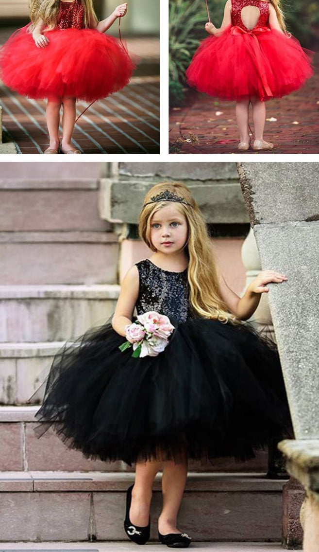 Collage of children in red and black dresses, with a focus on a girl in a black dress with sequins.