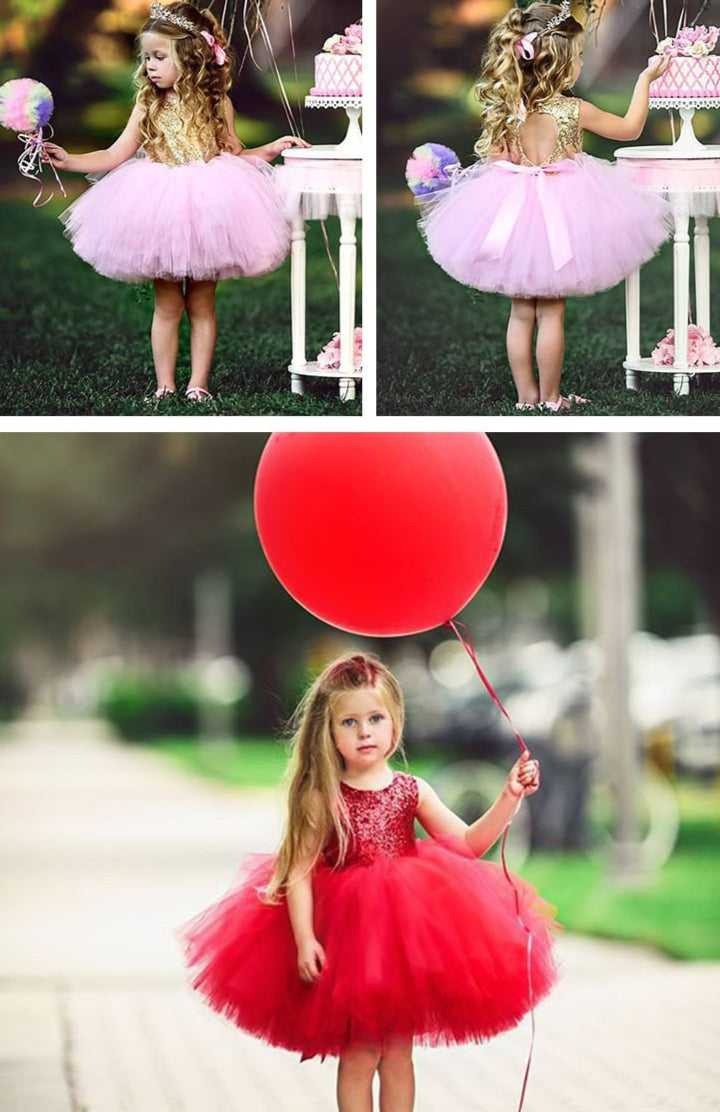 Collage of a young girl in a pink dress with a tutu, holding balloons, and a red balloon outdoors.