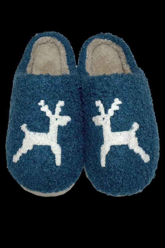 Blue slippers with white reindeer design on a white background