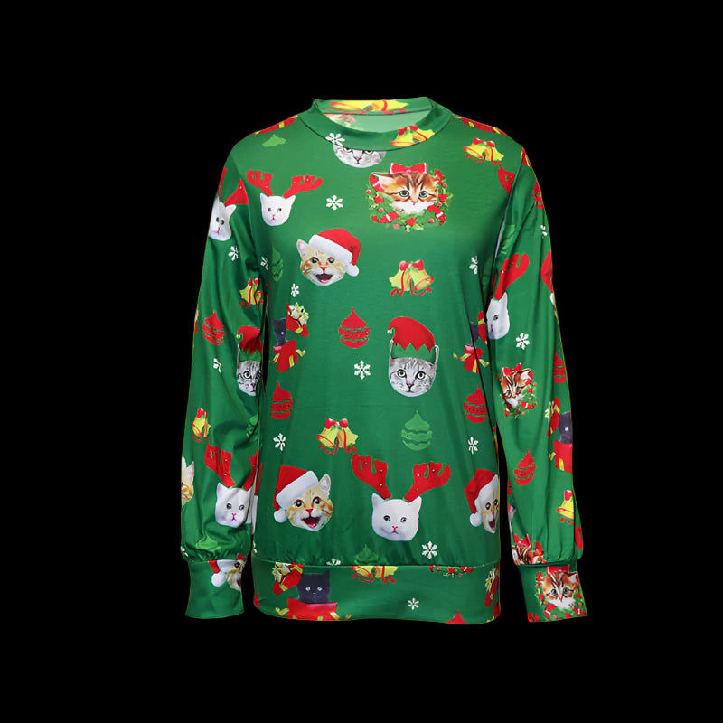 Green Christmas-themed sweatshirt with festive cat designs on a white background