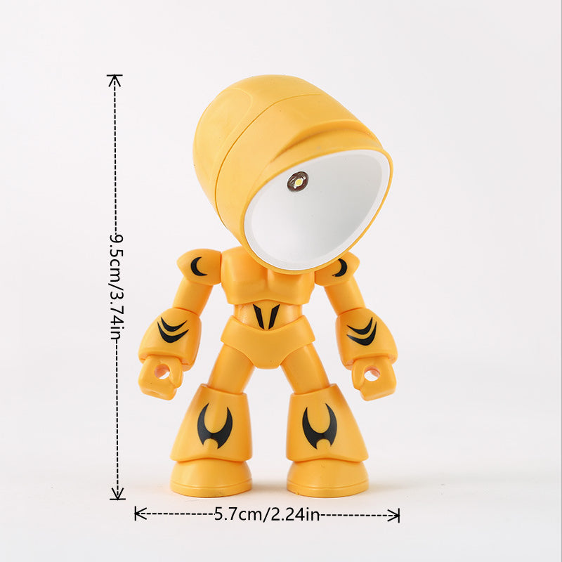 Yellow robot toy with measurements on a white background