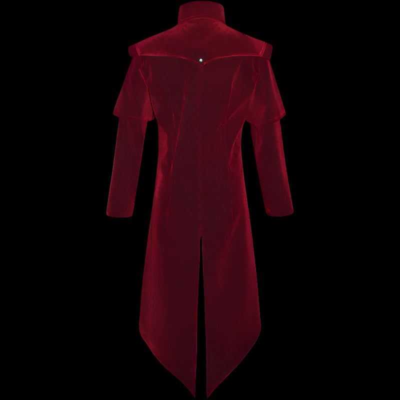 Red velvet coat with off-shoulder design on a white background