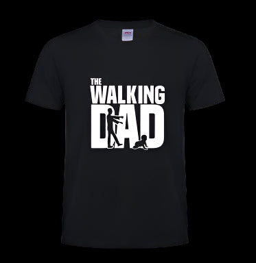 Black t-shirt with 'The Walking Dad' graphic design on a white background