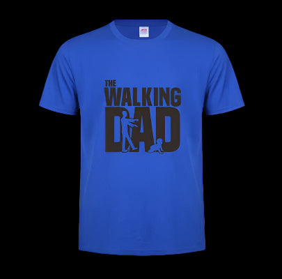 Blue t-shirt with 'The Walking Dad' graphic design on a white background
