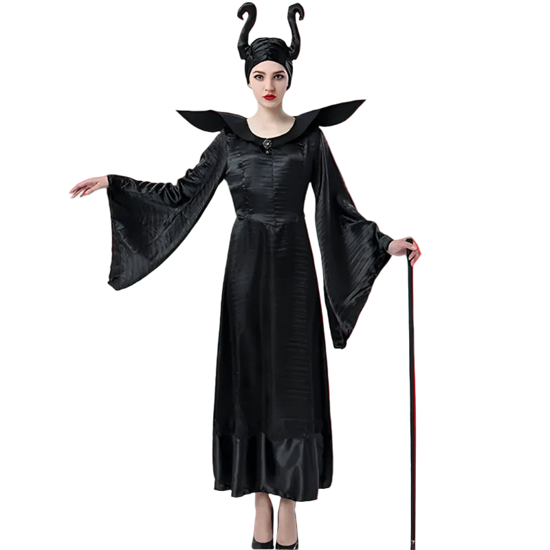 Person wearing a black costume with horns and cape on a white background