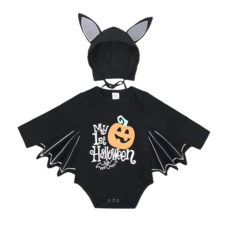 Black Halloween-themed baby outfit with bat wings, ears, and 'My 1st Halloween' onesie on a white background.