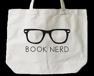 White tote bag with black glasses graphic and 'BOOK NERD.' text on a white background