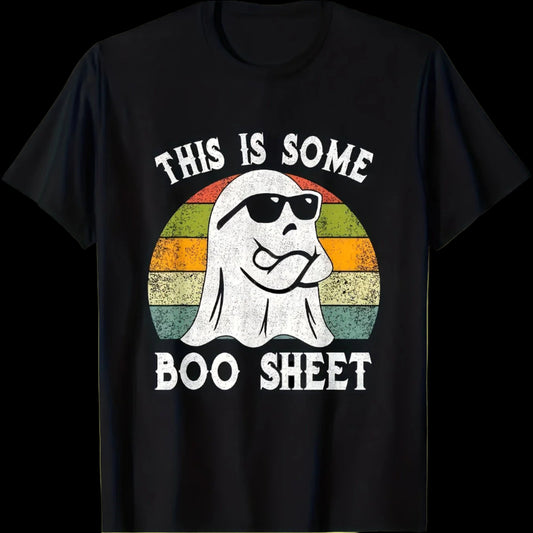 Black t-shirt with a ghost graphic and text on a white background