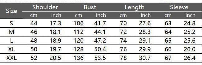 Product parameters table for clothing sizes with measurements in centimeters and inches.