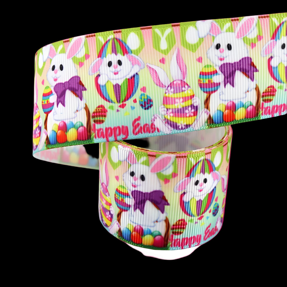 Glossy ribbon with Easter-themed design featuring bunnies, eggs, and 'Happy Easter' text on a white background.