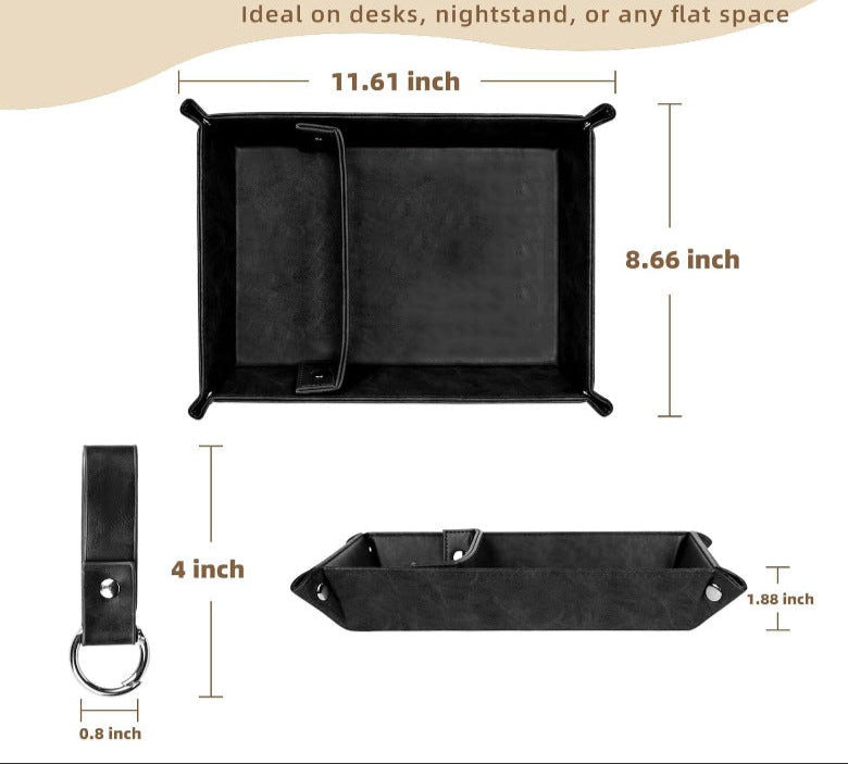 Black leather catch-all organizer with dimensions on a beige background